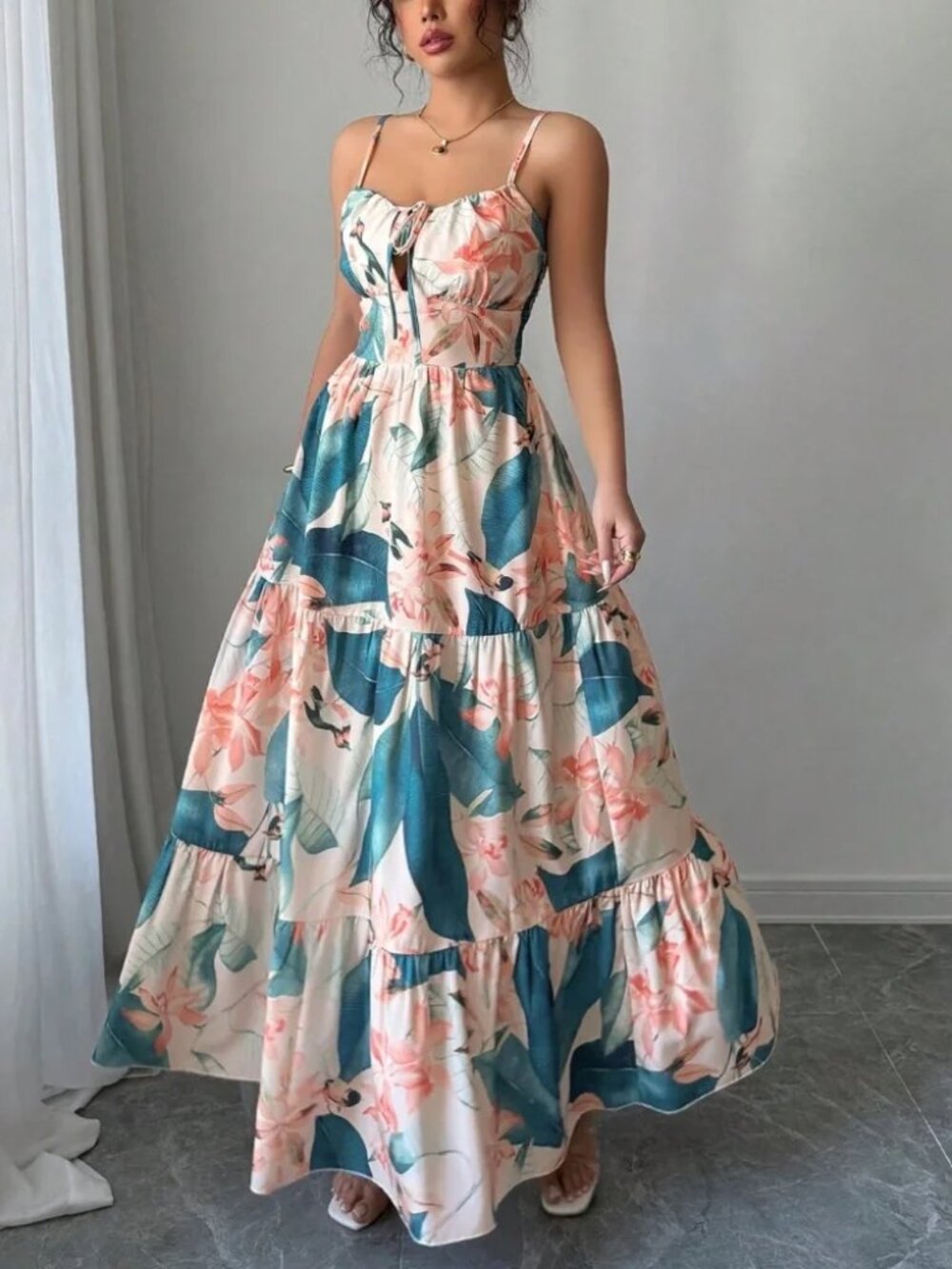 Boho Floral Tropical Print Front Tie Cami maxi Dress